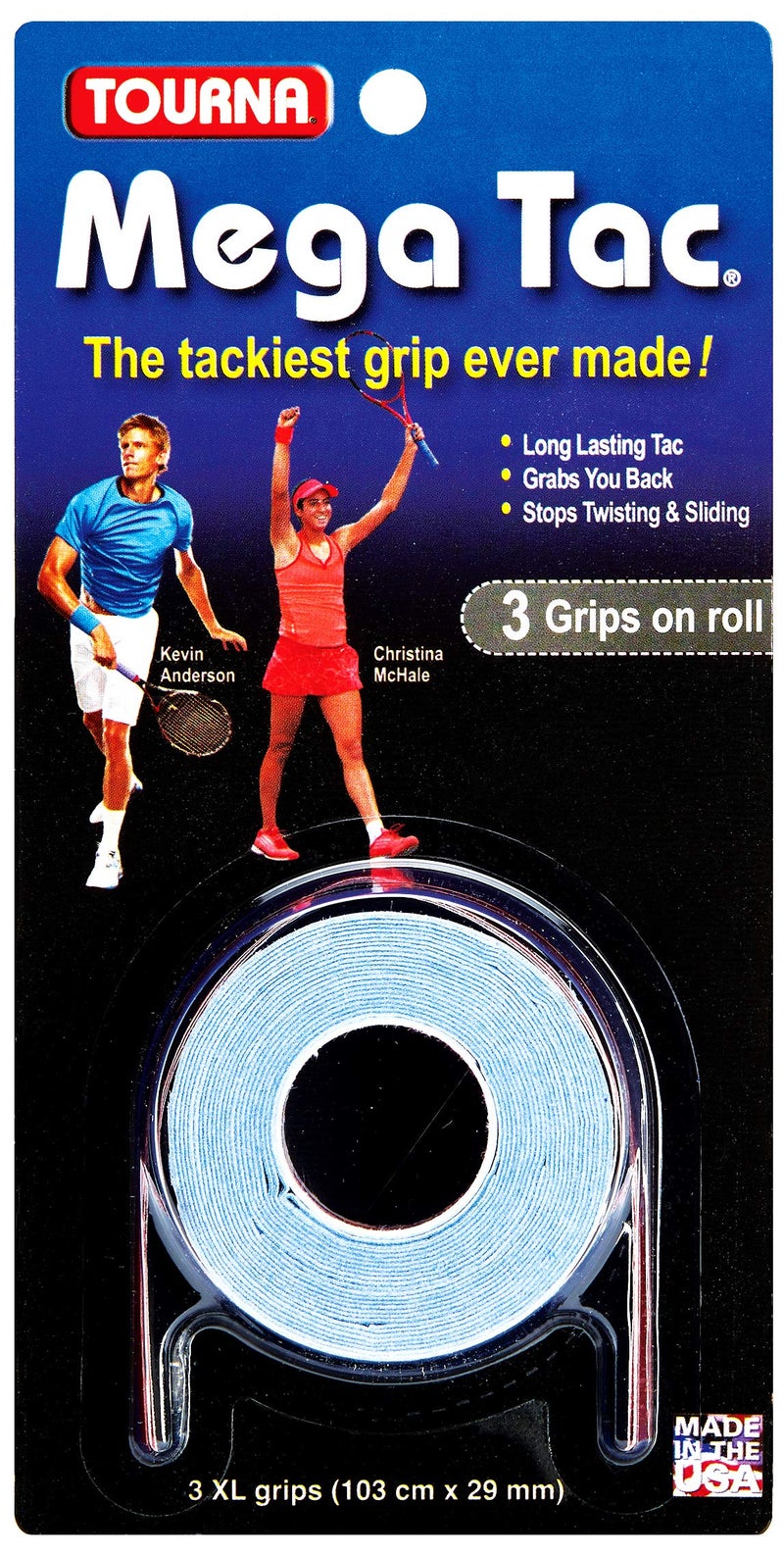 Tourna Mega Tac Extra Tacky Overgrip, 3 Grips per Pack, Blue - Image 1